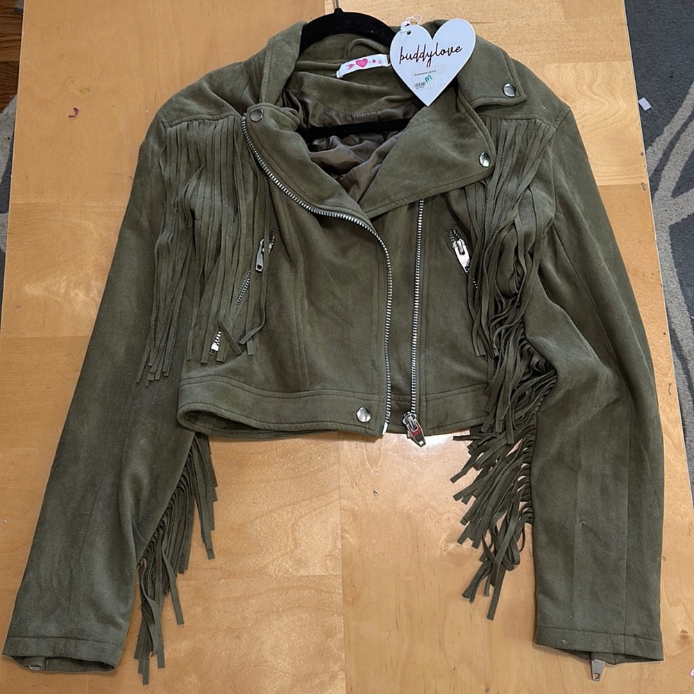NWT Buddylove The Francesca Jacket - Olive colored vegan leather fringe jacket